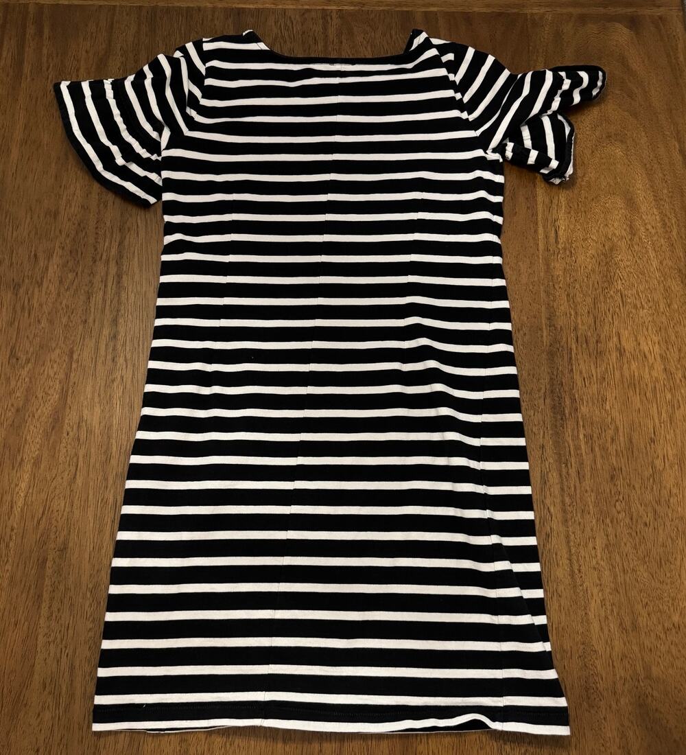J Crew Womens M Black White Striped Dress Ruffle Bell Sleeve Cotton Shift Preppy